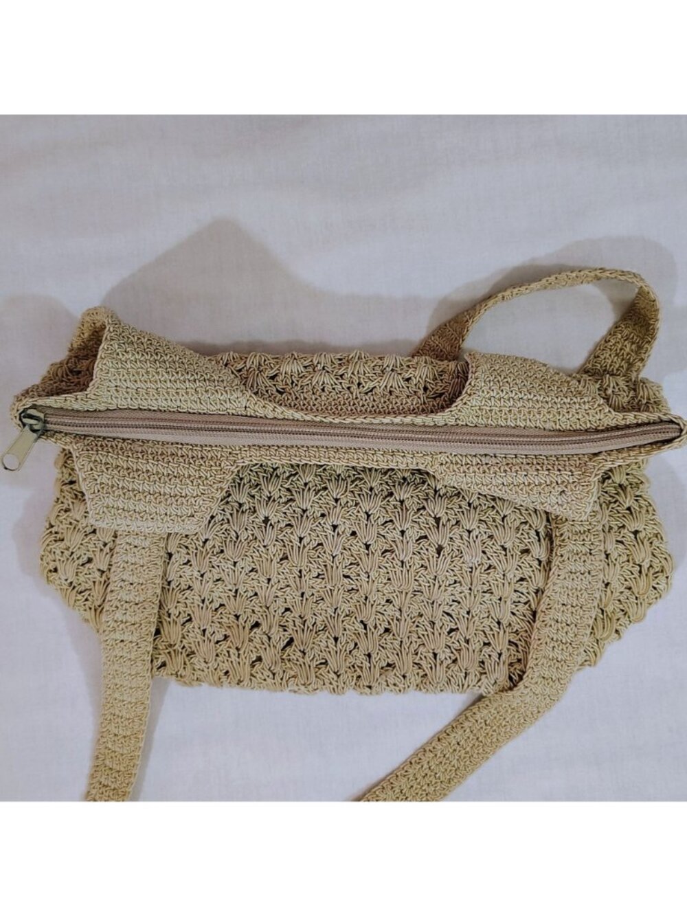 Woven Shoulder Bag Beige Zipper Lightweight Summer Tote Durable Crochet Design - Picture 7 of 16